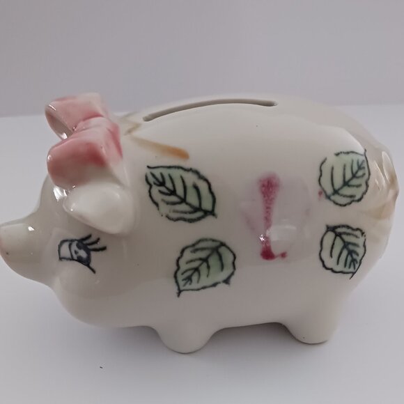 Vintage Hand Painted Ceramic Three Little Piggy Banks White w/Hat Flowers - Picture 3 of 4